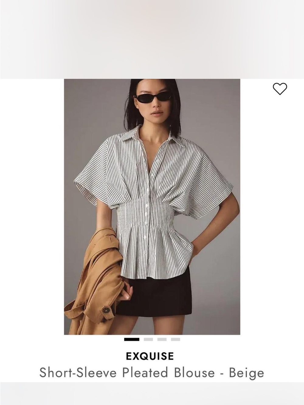 EXQUISE Beige Striped Short-Sleeve Pleated Blouse